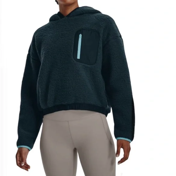 Under Armour Sherpa Fleece Hoodie Black Cropped Long Sleeve Women’s Size Large - Picture 7 of 11